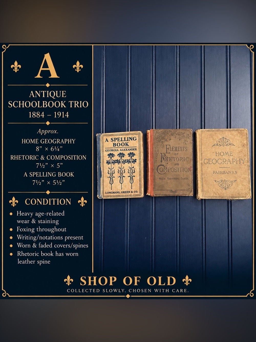 Antique Schoolbook Trio | 1884–1914 | Rhetoric, Spelling & Geography